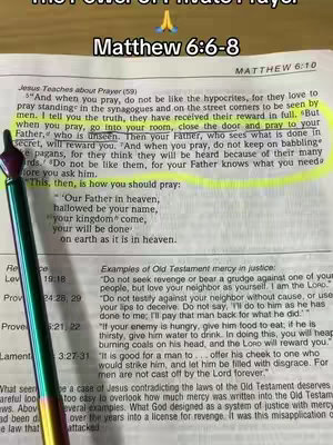 The cover image shows an open bible with the text of Matthew 6:6-8 highlighted, a hand with a pen pointing to the text, and the text at the top says: The power of private prayers