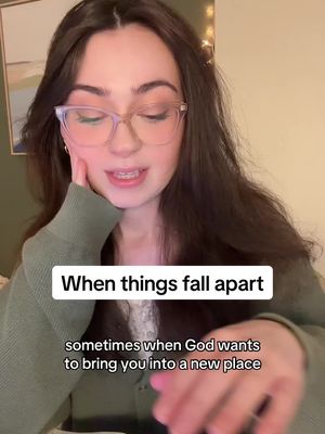 A young woman with long brown hair and glasses is centered, looking down with a thoughtful expression. Text overlays add context to her message.