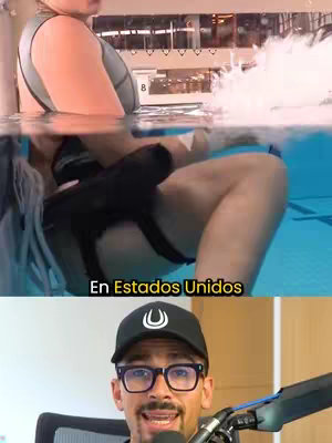 The cover image is split into two scenes. The top scene shows a person in a pool with a device strapped to their legs, creating a splash. The bottom scene features a man with glasses and a black cap, speaking into a microphone. The overall composition is a split-screen, contrasting the pool activity with the man's commentary.