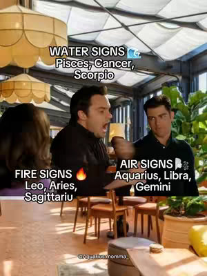 The cover image shows a screenshot from a TV show or movie, containing two men in a conversation, along with overlaid text indicating various zodiac signs. The men appear to be discussing something intently, as they gesture and have animated expressions. Each person is identified with their zodiac sign, such as 'WATER SIGNS,' 'FIRE SIGNS,' and 'AIR SIGNS.'