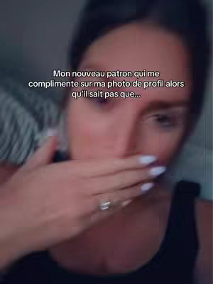 A selfie captures a woman covering her mouth with a hand, revealing only her eyes and a small portion of her face. Text appears to be overlaid on it. The color palette is muted with a darker background behind everything.