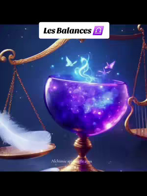 The cover image features a stylized, digital artwork depicting a golden scale with a white feather on one side and a large, ornate purple goblet on the other. The goblet appears to contain a swirling, galaxy-like substance with glowing butterflies emerging from it. The background is a dark blue with scattered stars, creating a mystical and astrological theme.