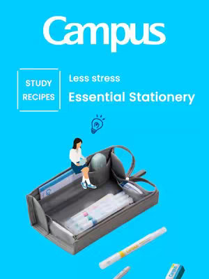 The image has a light blue background and features the text "Campus" in a large, white, cursive font at the top. Below it, the text "STUDY" and "RECIPES" are displayed vertically in a white box. Beside this box, the text "Less stress Essential Stationery" is shown. In the bottom half, there's a grey pencil case containing various stationery items. A miniature illustrated person sits on top of the pencil case. There is a light bulb on the left side.