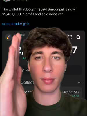 The cover image shows a young man in a close-up shot. He is wearing a green t-shirt. In the background, there's a screen displaying information about a profitable investment in a memecoin. The man's right hand is raised, partially obscuring the screen. The overall composition is a mix of a selfie and a screen capture, blending the creator's reaction with financial data.