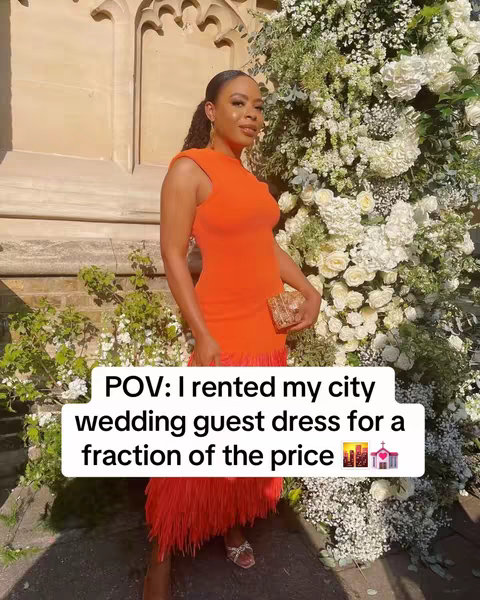 A woman in an orange dress stands in front of a floral backdrop. The image is framed with a text overlay about renting a wedding guest dress.
