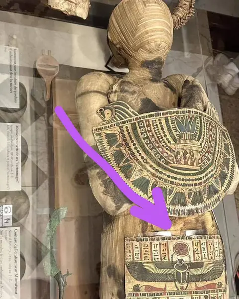 The cover image shows an ancient Egyptian mummy encased in its sarcophagus. The mummy is wrapped in bandages and adorned with decorative elements, including colorful cartouches and symbolic imagery. The background suggests a museum setting with display cases and artifacts.