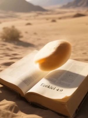 An open Bible rests on sand, with the verse "Ezekiel 4:9" visible. A piece of bread hovers above it.