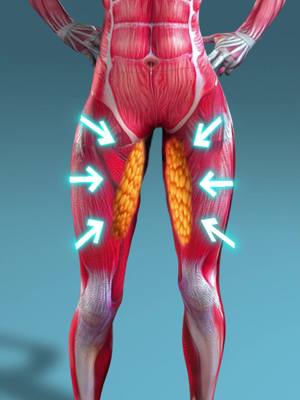 An anatomical diagram of a human body, focused on the inner thighs. The depiction is a 3D render, showing the muscular structure rendered in red, with an emphasis on the inner thigh area, where a yellow, fatty tissue is highlighted. White arrows emanate outward from the inner thigh region on the body, drawing the viewer's attention to that area, positioned over a light blue background.