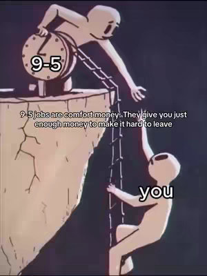A digitally drawn image depicts a conceptual scene. A large clock labeled '9-5' leans precariously on a cliff edge, personified by a figure holding the clock. A smaller, anonymous figure ascends a ladder, attempting to reach the clock, while another figure is trying to stop him. The image uses a limited color palette, with muted tones emphasizing the starkness of the scene. Text overlays add the narrative.