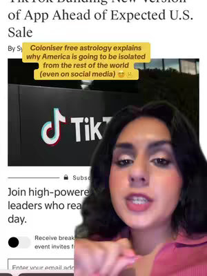 A woman with dark hair and makeup speaks to the camera. She is in front of a background with a TikTok logo and text from a news article. A yellow textbox is positioned above the logos and also contains text.