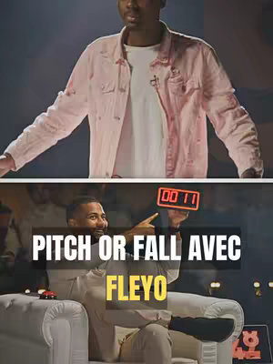 The image is split horizontally. The top half shows a man in a pink denim jacket with a neutral background. Below, another man is centrally positioned, seated on a white armchair with a timer in his hand, pointing. The text overlay reads "PITCH OR FALL AVEC FLEYO" in white and yellow, against a black background.
