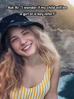 A young woman with long blonde hair, wearing a yellow and white striped swimsuit and a black hat. She is smiling with a background of a rock formation and a body of water with a blue hue. Black text overlayed on top appears.