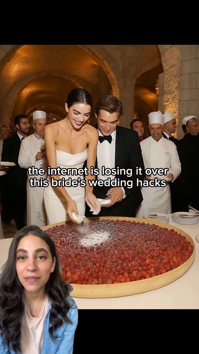 The cover image shows a wedding scene. In the foreground, a woman in a white strapless wedding dress and a man in a black suit and bow tie are standing behind a large wooden table covered in red berries and white powder. Behind them are several chefs and guests. The woman's face is centered and expressive. The text overlay reads, "the internet is losing it over this bride's wedding hacks". In the bottom, there is a woman with her hair and jacket, with a neutral facial expression.