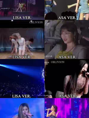 A split-screen image showcasing Lisa from Blackpink and Asa. The left side displays multiple video frames labeled 'LISA VER.,' featuring Lisa performing with other members in various dance poses and stage setups. The right side shows Asa in similar settings, with the text 'ASA VER.' framing her images, including closer shots of her face and singing. The image is in vertical format and is stylized for a lively, fan made, and idol focus content.