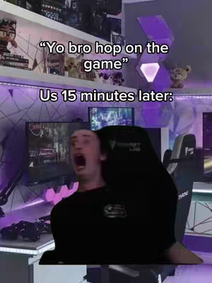 A young man with an open mouth in a surprised expression sits in front of a computer with monitors and shelves in the background. Text overlays are across the top of the image, reading "Yo bro hop on the game" and "Us 15 minutes later:".