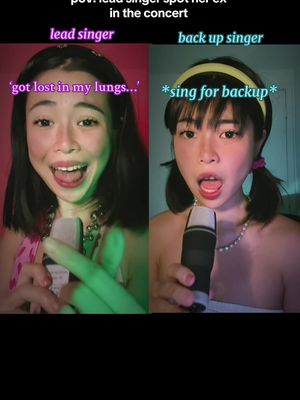 A split-screen image. On the left, a woman with dark hair smiles widely, holding a microphone. On the right, the same woman, wearing a different hairstyle, makes a surprised face with her mouth open, also holding a microphone. Text overlays indicate these roles as "lead singer" and "back up singer."