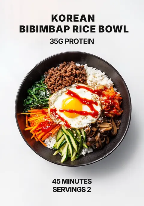 A top-down shot of a bowl of bibimbap, a Korean mixed rice dish, on a white background. The bowl itself is black, and the various ingredients are arranged artfully within. The central focus is on a fried egg with a bright yellow yolk, drizzled with red sauce. Surrounding the egg are sections of white rice, seasoned ground beef, vibrant orange julienned carrots, green spinach, strips of cucumber, sauteed mushrooms, and a small amount of a reddish-brown sauce. The composition is clean and well-lit, emphasizing the colorful and appetizing nature of the food.