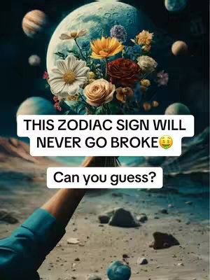 The image has a surreal background featuring planets and nebulae. In the foreground, a hand is holding a floral bouquet with a large, flower-filled sphere in the center. The flowers are diverse in color and type, with blooms of pinks, yellows, reds, and whites. The hand is holding a sign saying "THIS ZODIAC SIGN WILL NEVER GO BROKE" and "Can you guess?"