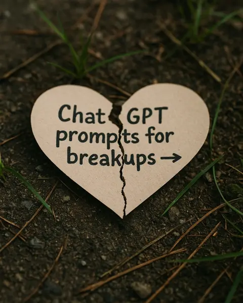 The cover image shows a heart-shaped cutout split in two, suggesting heartbreak. The heart is placed on a bed of dark soil and grass blades. The text overlayed on the heart reads, "Chat GPT prompts for breakups ->".