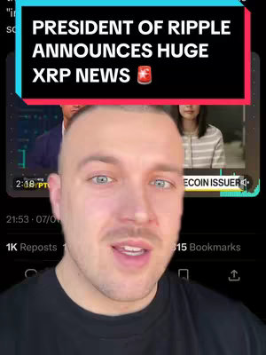 A man with fair skin and short hair appears in the foreground. The background features a video clip in the upper section, with overlaid text announcing 'PRESIDENT OF RIPPLE ANNOUNCES HUGE XRP NEWS.' Below, the man is seen with a neutral expression, likely about to speak.