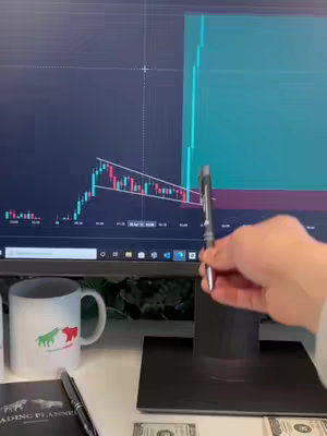 A person's hand pointing at a stock chart on a computer monitor. There is a coffee mug and notes at the desk.