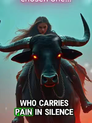 The cover image features a digital artwork of a woman with long hair riding a large, dark bull. The woman is at the center, looking forward with a determined expression. The bull has glowing red eyes. Text overlays on the cover read 'Taurus ♉ women the chosen one...' and, at the bottom, 'WHO CARRIES PAIN IN SILENCE'. The color scheme is a mix of dark blues and greens, creating a moody atmosphere. The style suggests a digital painting.