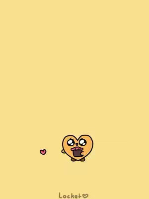 A cartoon heart-shaped creature with large, expressive eyes and an open mouth appears surprised or excited, holding a smaller brown object. To the left, a small pink heart floats. The background is a solid, light yellow color.