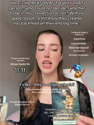 A woman with fair skin and long brown hair is centered in the frame, speaking directly to the camera with a serious expression. She is wearing a dark long-sleeved top. Text overlays and graphics are placed around her, including text bubbles, tarot cards, and other symbolic elements.