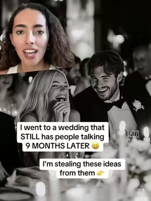 The image presents a montage-style composition in black and white, featuring three primary elements: the creator in a selfie view, and two couples captured at a wedding. The selfie-style shot of the creator is positioned at the top, central part of the image. The lower part of the image presents a candid moment of the groom and bride laughing with a blurred background.