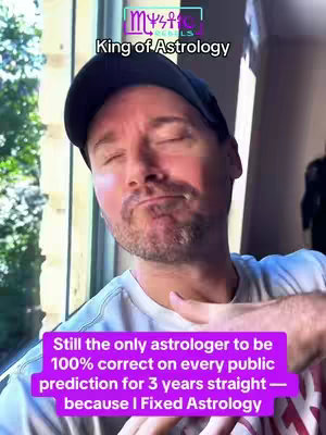 The cover image features a man in his 30s with a dark cap, positioned in a softly lit indoor setting near a window. He's gazing slightly downward with a confident, or slightly smug, expression. Text overlay identifies him as the "King of Astrology", with another text bubble pointing to his claim of accuracy. The image has a modern portrait style.