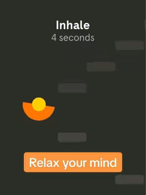 The image is a dark grey background with a graphic of an orange semi-circle with a yellow circle on top, floating above a series of grey rectangles. On the top, white text reads: Inhale; below it reads 4 seconds. At the bottom is a rectangular orange button with text reading: Relax your mind.