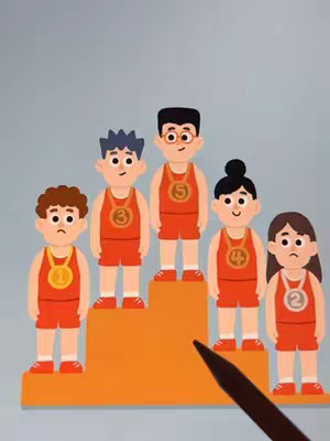 An illustration depicting a podium and six cartoon figures. The podium is orange and has three steps. Five figures are standing on the podium, each dressed in red athletic wear and a matching medal. Three of these figures have sad expressions. A black implement, possibly a pen or stylus, appears to the lower right, partially obscuring the base of the podium.