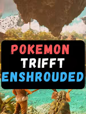 The cover image features a black box with the text 'POKEMON TRIFFT ENSHROUDED' in red and white. Below the box, there's a scene involving a group of figures and a monster. The background has a landscape with cliffs and trees.