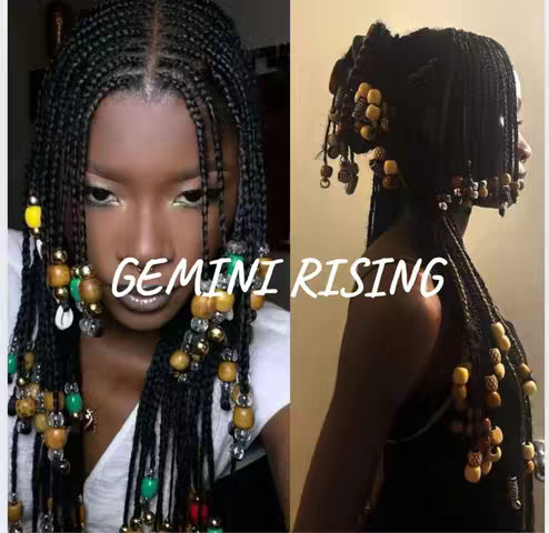 The image showcases a split composition featuring a Black woman with braided hair. On the left, she's shown looking towards the camera, adorned with decorative beads and shells. On the right side, her profile is visible, highlighting the braided hairstyle with the same decorative elements. The text overlay reads 'GEMINI RISING'.