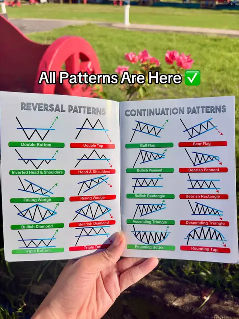 The cover image displays an open book held by a hand, showcasing various trading patterns. Above the book, there's text against a blurred green background with a red circular design. The book's pages are filled with diagrams of different trading patterns, including reversal and continuation patterns, labeled with corresponding names. Text at the top states All Patterns Are Here with a checkmark.