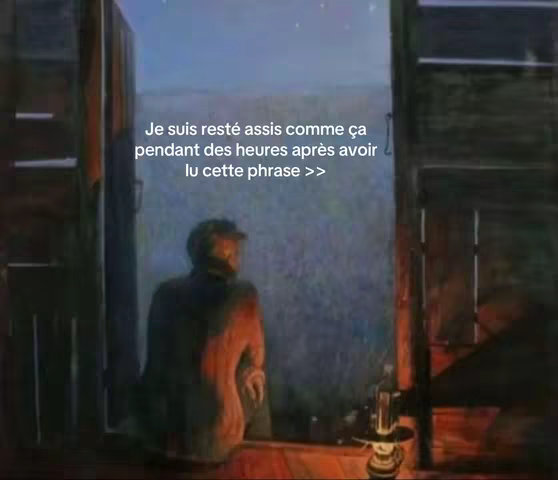 An artistic image with a person viewed from the back, gazing outward. The scene features a dark interior, a softly lit lamp, and an open doorway framing a tranquil outdoor landscape under a starry sky. The overlay text is white and positioned in the center of the image.