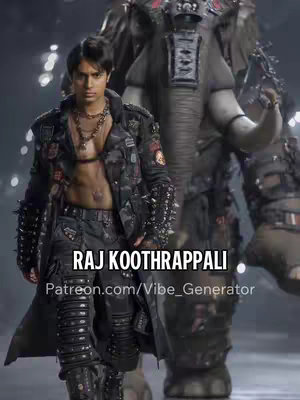 A man in dark, military-inspired clothing stands in front of a large, decorated, elephant figure. The man, who appears to be the focus, has dark hair and is wearing a studded jacket with an unbuttoned front, exposing his chest. He's also wearing dark pants and boots. The elephant figure is a dark, textured statue or prop with detailed armor and decorations.