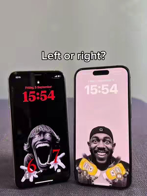 The cover image shows two smartphones side-by-side, each displaying a different wallpaper. The phone on the left has a black background with a distorted, scary face and the number '67' overlaid in red. The phone on the right has a light pink background with a black and white image of a smiling man holding stacks of money. The overall composition is a comparison between the two wallpaper options.