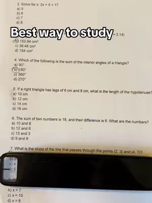 The image features a sheet of paper with math problems; the text overlay indicates the 'Best way to study'. The composition is straightforward, focusing on the math questions and the study tip.