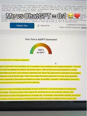 The image shows a screen displaying text analysis results. Text overlaid on the screen reads "Me vs ChatGPT = 0:1" with emojis. The screen also has a progress bar labeled 'AI GPT*', indicating the extent to which the text is identified as AI-generated.