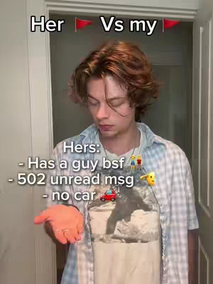 A young man stands in a doorway, holding out his hand towards the viewer. Text overlays are above and below him, describing comparisons related to relationships, with red flag emojis in the background.