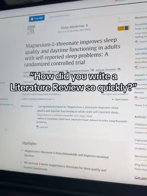 A computer screen displays a scientific paper. The paper is titled "Magnesium-L-threonate improves sleep quality and daytime functioning in adults with self-reported sleep problems: A randomized controlled trial". A text overlay asks "How did you write a Literature Review so quickly?"