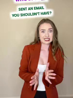 A woman in a formal outfit with a shocked expression, with text overlays.