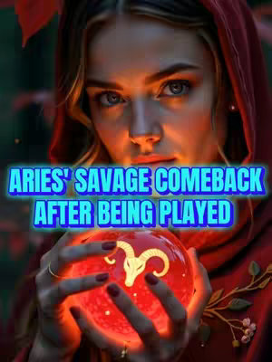 A medium shot features a woman with fair skin and long blonde hair. She is wearing a red hooded cloak and holding a glowing red ball in her hands. The ball is glowing with the sign of Aries. Text on the image says \"ARIES' SAVAGE COMEBACK AFTER BEING PLAYED\"