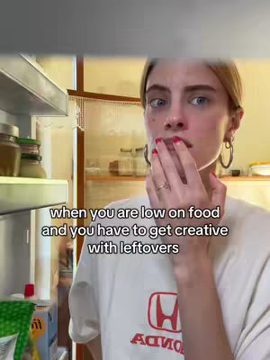 A woman with fair skin, red nail polish and blonde hair stands in front of an open refrigerator with a hand over her mouth. Text overlays the image.
