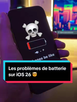 The image shows a hand holding an iPhone with a skull and crossbones emoji superimposed on the screen, along with a low battery icon. Below the phone, a black and red banner displays the text in French.