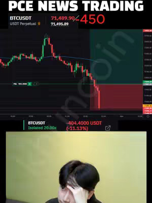 The cover image is a split composition, with the top half showing a real-time crypto trading chart overlaid with text elements, and the bottom half featuring a person's face looking at the camera. The trading chart displays a red and green candlestick chart, showing a downward trend, with numerical data indicating prices such as '71,489.90'. Additional text labels such as 'BTCUSDT', 'USDT Perpetual' are visible. The person's face is partially obscured with a hand, possibly to display surprise or deep thought, in a slightly blurred image. Background appears to be a light green wall. The text includes 'PCE NEWS TRADING' and '450'.