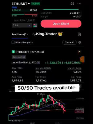 A mobile screenshot displaying a cryptocurrency trading interface. The background appears dark, possibly black, with green and red accents indicating price movements. Several data points are visible, including price charts, trading pair information, and order details. The text overlay indicates a trading signal or offer.