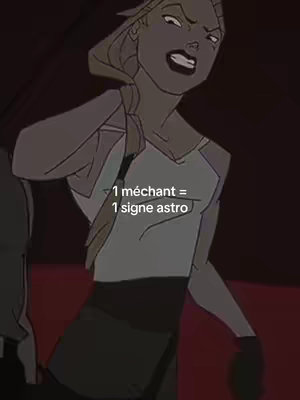An animated image features a female character with blonde hair in a defiant pose, set against a blurred red background. Overlay text appears in a sans-serif font, offering a comparison between villains and astrology signs.
