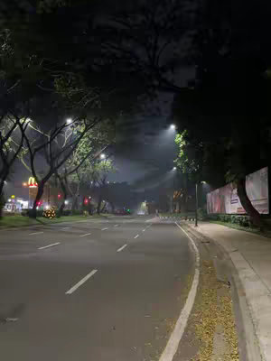 An empty street at night with streetlights illuminating the road and sidewalks. Trees line the street on both sides, and a McDonald's sign is visible in the distance. The scene has a dark, moody atmosphere.